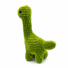 Crochet amigurumi brontosaurus plushie in goblin green