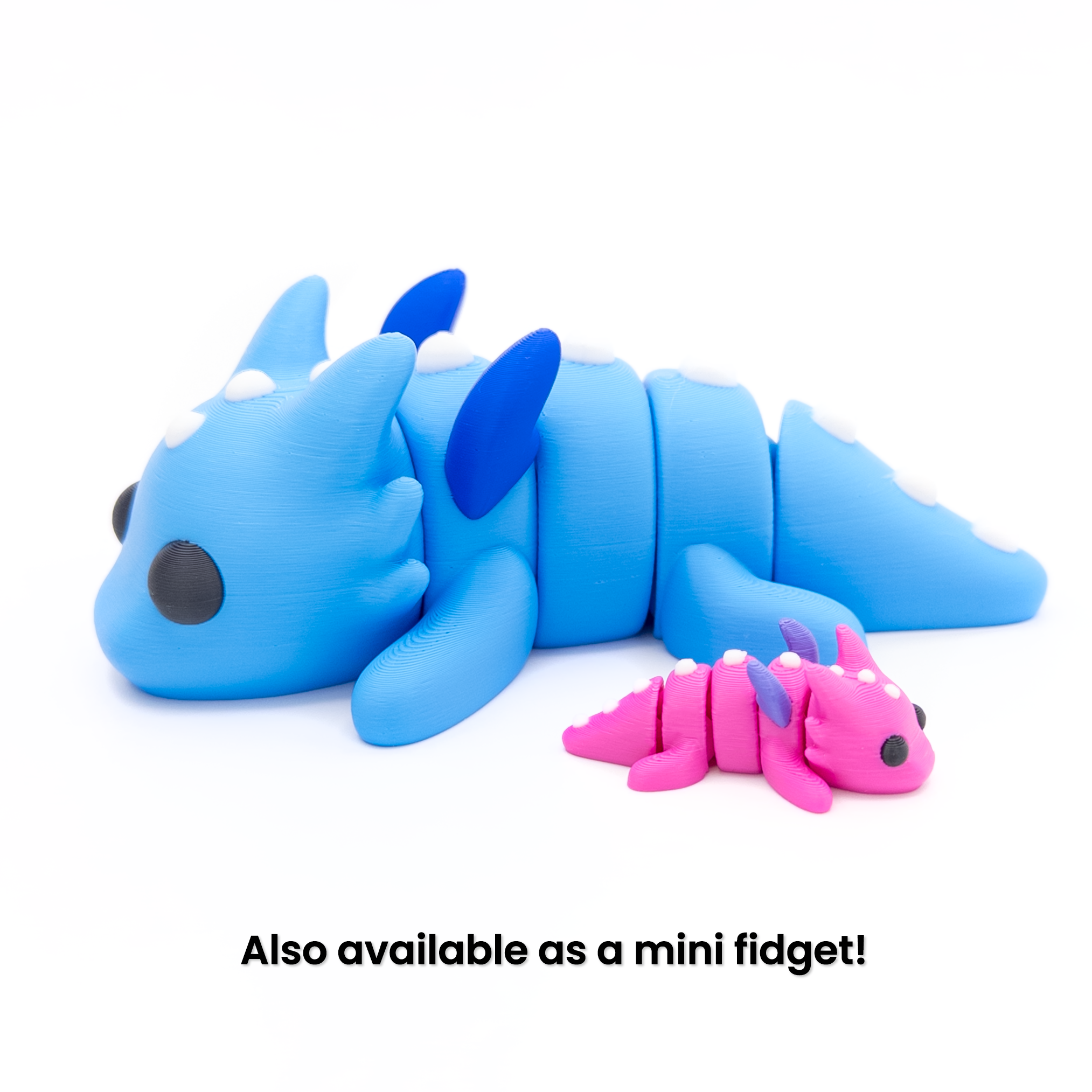 One large and one mini 3D printed dragon with wings fidget creatures with text that reads "Also available as a mini fidget!"