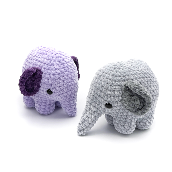 2 Crochet Amigurumi Elephants standing next to each other in purple and gray