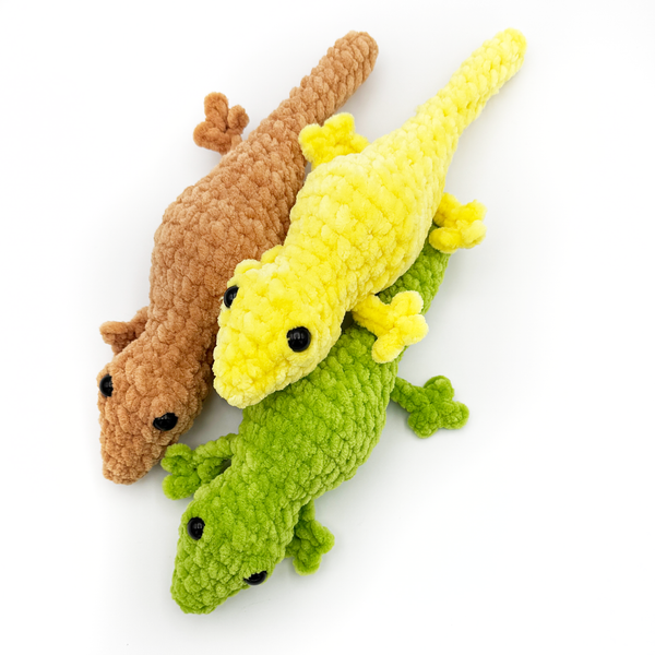 3 Crochet Amigurumi Lizards in Apricot, Yellow Squash, and Pistachio