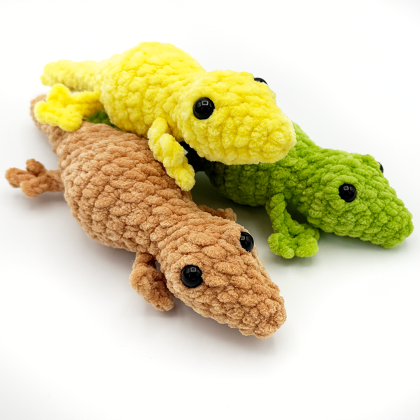 3 Crochet Amigurumi Lizards in Yellow Squash, Apricot, and Pistachio