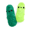 2 Crochet Amigurumi Pickles in Emerald and Neon Green held in hand