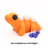 One large and one mini 3D printed stegosaurus fidget creatures, with text that says "Also available as a mini fidget!"