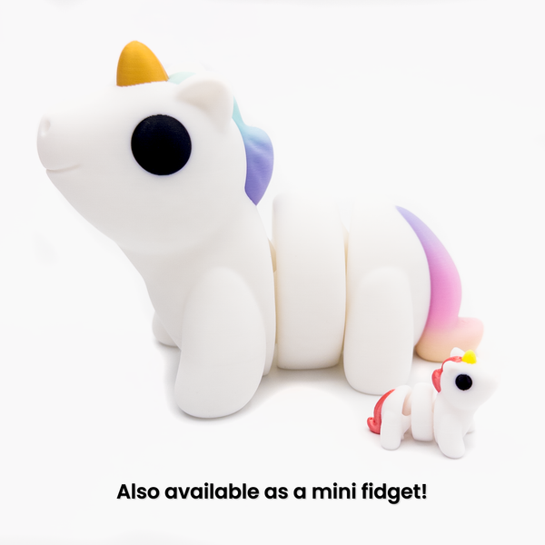 One large and one small 3D printed unicorn fidget creatures with text that says "Also available as a mini fidget!"
