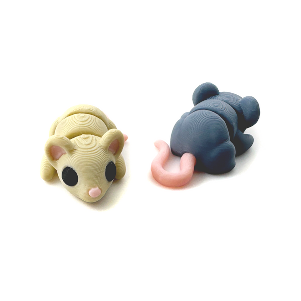 Two 3D printed mice fidget creatures one facing forward the other facing away showing tail
