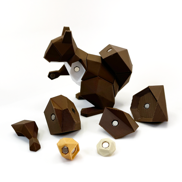 3D printed squirrel magnet puzzle partially disassembled showing magnet connections