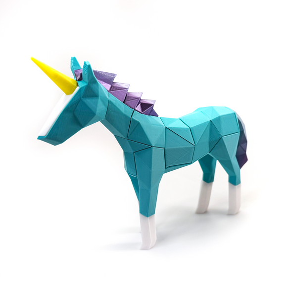 3D printed unicorn magnet puzzle fully assembled facing forward to the left