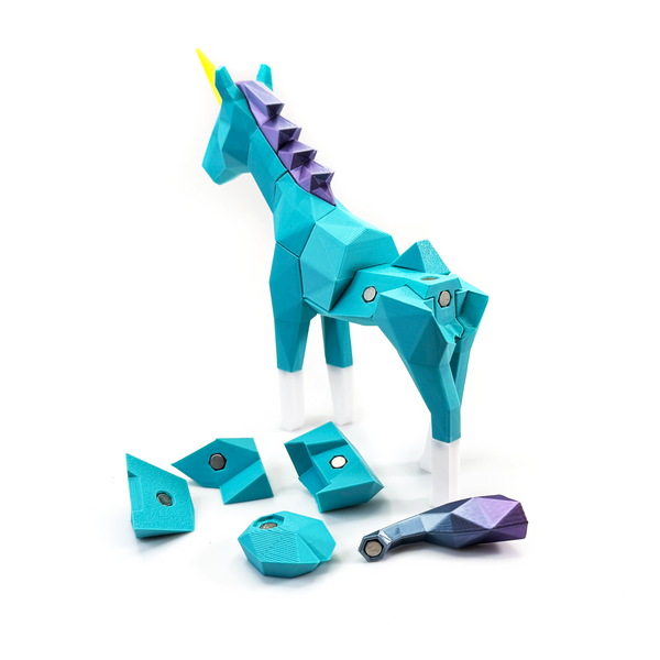 3D printed unicorn magnet puzzle partially disassembled showing magnet connections