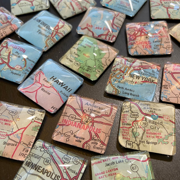 group of 1" square glass dome magnets featuring a variety of map locations
