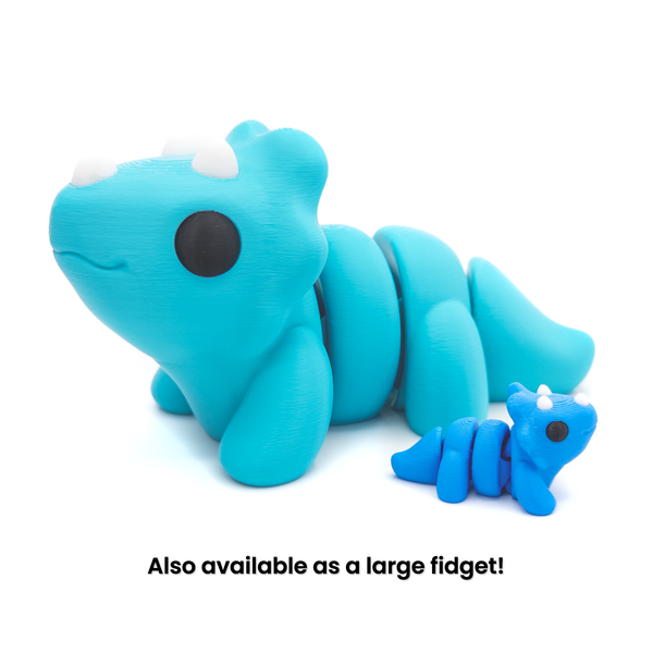 One large and one mini 3D printed triceratops fidget creatures with text that says "Also available as a large fidget!"