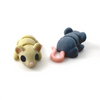 Two 3D printed mice mini fidget creatures - one in tan facing forward and one in dark gray facing away showing cute pink tail