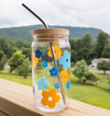 Glass Can Cup with Retro Flowers